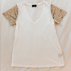 VICI Gold Sequin Sleeve V-Neck Shirt